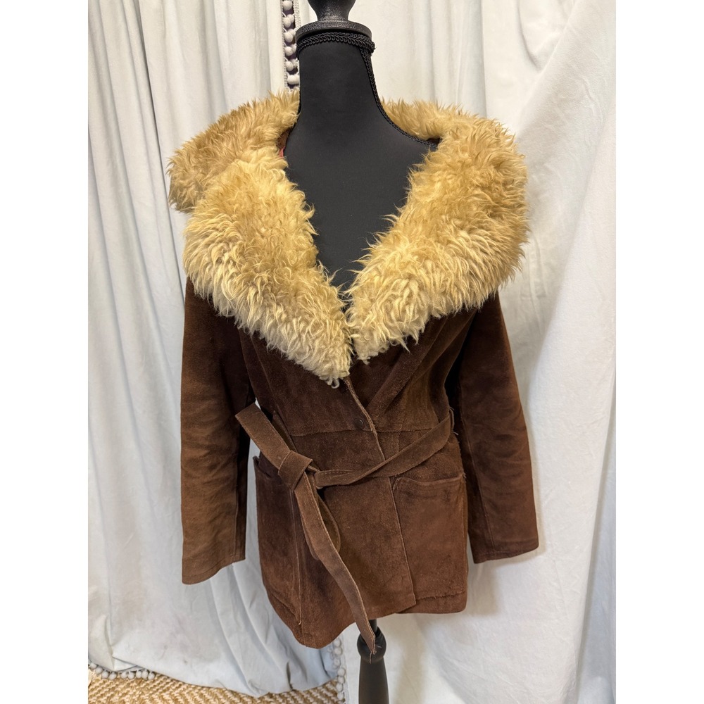 Vintage 60s Gastown  Brown Suede Penny Lane Jacket Faux Fur Collar Belted Canada